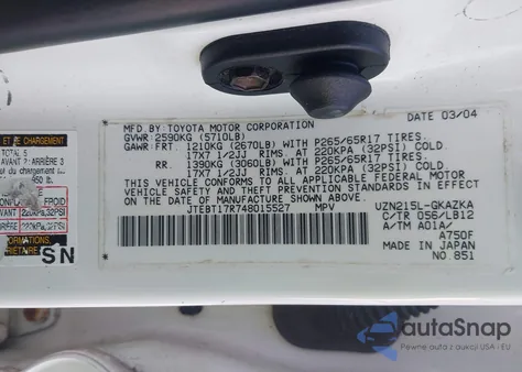 2004 Toyota 4Runner Limited V8 from USA, damaged, VIN JTEBT17R748015527